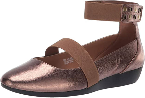 Aerosoles Women's Arcade Ballet Flat Bronze Leather Elastic Ankle Strap