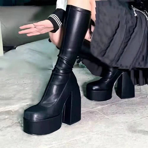 Womens Mid Calf Knee High Boots High Heel Round-Toe Side Zipper Punk Style Shoes Combat Boots For Women