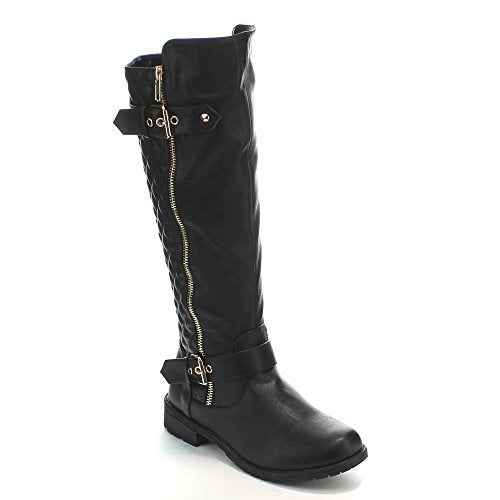 Forever Link Mango-21 Black Winkle Back Shaft Side Zip Knee High Flat Riding Boots