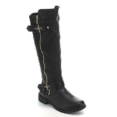 Forever Link Mango-21 Black Winkle Back Shaft Side Zip Knee High Flat Riding Boots