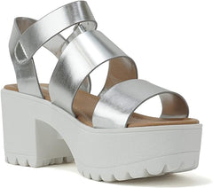 Soda Account Silver Metallic Ankle Strap Open Toe Strappy Block Heeled Sandals