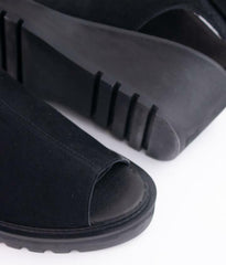 Cecelia New York Gianna Black Suede Peep Toe Ankle Strap Wedge Platform Sandals