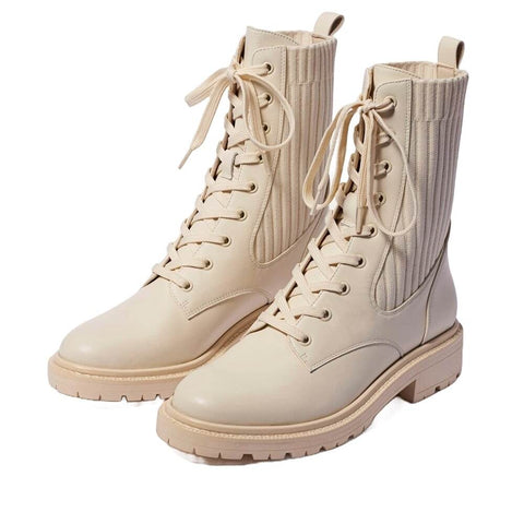 Sam Edelman Lydell Modern Ivory Block Heel Closed Toe Lace Up Combat Ankle Boots