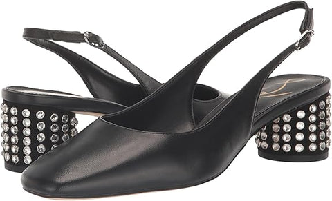 Sam Edelman Terra Black Leather Gem Slingback Strap Square Toe Block Heeled Pumps