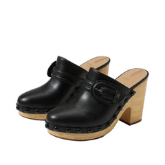 Sam Edelman Nyla Black Leather Rounded Toe Slip On Block Heel Fashion Mules