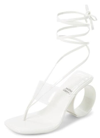 Jeffrey Campbell Nonagon White Patent Sculptural Circle Heel Lace-Up Sandals