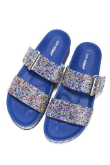 Cape Robbin Praise Footbed Platform Strappy Rhinestone Flat Slip On Sandals Blue