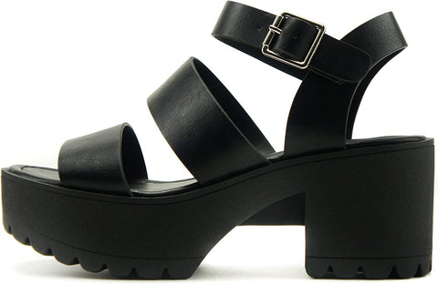 Soda Account Black Ankle Strap Rounded Open Toe Strappy Block Heeled Sandals
