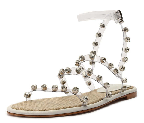 Schutz Steph Flat White Open Toe Embellished Multi Straps Flat Heel Sandals