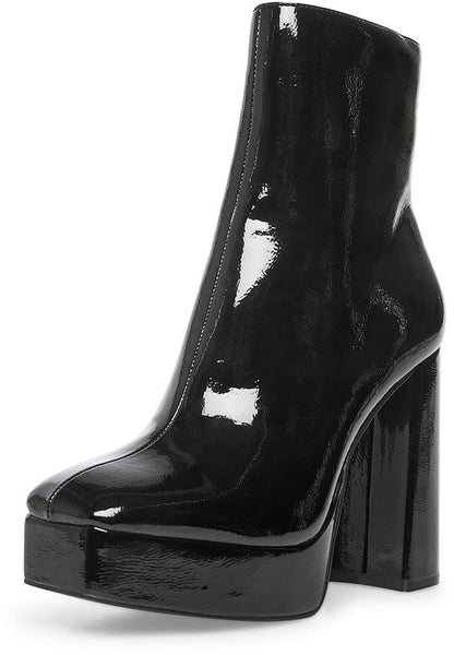 Steve Madden Luisina Black Patent Squared Toe Block Heel Pull On Ankle Boots