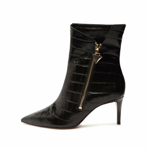 Schutz Van Black Leather Bootie Pointed Toe Crocodile Stiletto Heel Ankle Boots