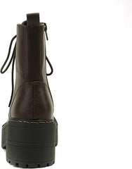 Soda Fling Brown Pu Lace Up Chunky Lug Sole Rounded Toe Combat Ankle Boots