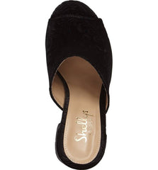 Shellys London Dalia Black Velvet Casual Open Toe Black Mid Heel Mule Pumps