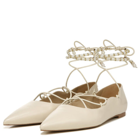 Sam Edelman Winslet Ivory Leather Lace-Up Pearl Beaded Pointed Toe Flats Shoes