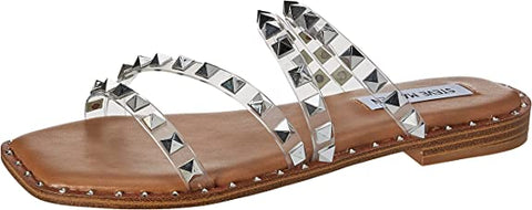 Steve Madden Skyler Clear Pearl Pyramid Embellished Slip On Squared Toe Sandals