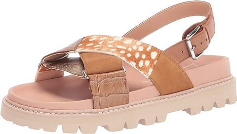 Dolce Vita Niles Caramel Multi Leather Ankle Strap Rounded Open Toe Flat Sandals