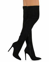 Liliana Gisele-7 Black Thigh High Stretchy Suede Fitted Pointy Stiletto Boot (8)