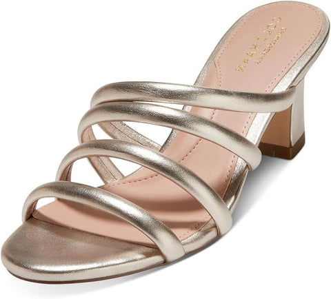Cole Haan Adella Gold Leather Squared Open Toe Slingback Block Heeled Sandals