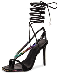 Schutz Vikki Crystals Black Ankle Strap Lace Up Open Toe High Heel Sandals