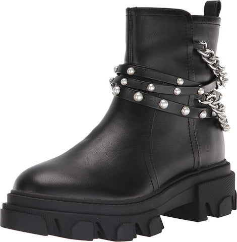 Nine West Cearlz3 Black Leather Zip Closure Chain Detailed Leather Ankle Boots