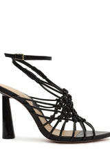 Schutz Tinah Black Woven Vamp Ankle Strap Open Toe Stiletto Heeled Sandals