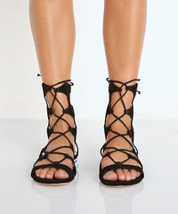 Schutz Erlina Black Nubuck Suede Gladiator Lace Up Flat Gladiator Tie Up Sandals