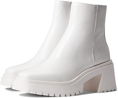 Steve Madden Fella White Leather Chunky Block Heel Round Toe Fashion Ankle Boots