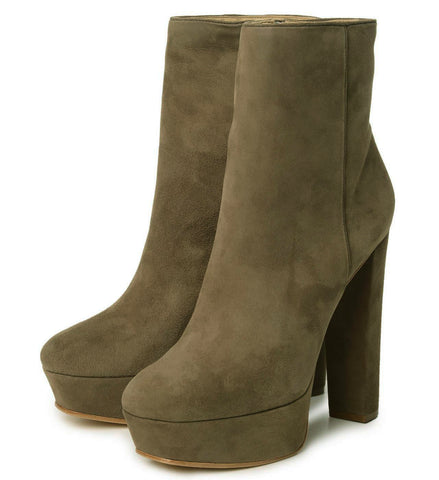 Schutz Disnna Olive Green Nubuck Sky High Heel Platform Almond Toe Ankle Booties