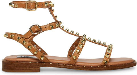 Steve Madden Sunnie Tan Ankle Strap Squared Open Toe Gladiator Flats Sandals