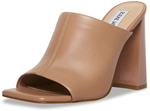 Steve Madden Lexia Nude Leather Slip On Squared Open Toe Chunky Heeled Sandals