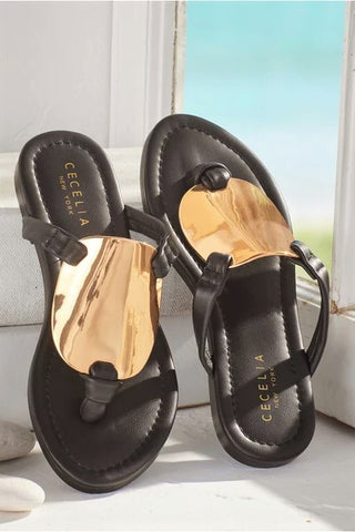 Cecelia New York Amy Black Slip On Open Toe Flat Gold Design Comfortable Sandals