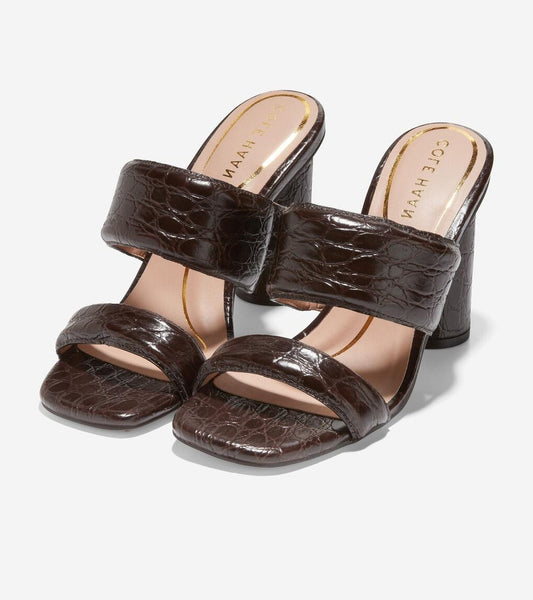Cole Haan Reina Two-Band Brown Croc Embossed Slip On Open Toe Heeled Sandals