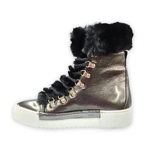 Cecelia New York Seymore Pewter Lace Up Faux Fur Lining Rounded Sneaker Boots