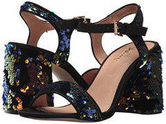 Shellys London Gale Black Blue Sequin Open Toe Retro Sandals Chunky City Heels