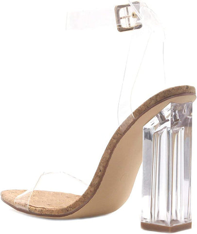 Cape Robbin Maria-2 Cork Clear Block High Heel Transparent Open Toe Pumps