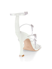 Schutz Noelle White Crystal Detail Ankle Strap Open Toe Flared High Heel Sandals