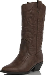 Soda Reno Western Cowboy Pointed Toe Knee High Pull On Tabs Boots Dark Tan Brown (6.5)