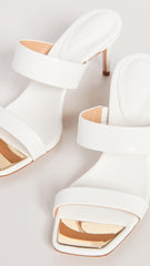 Schutz Aruana White Double Strap Gold Trim Slip On Open Toe High Heel Sandals