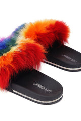 Cape Robbin CASINO Red Multi Color Flat slip-on Sandal Furry Mule Slide (6, RED)