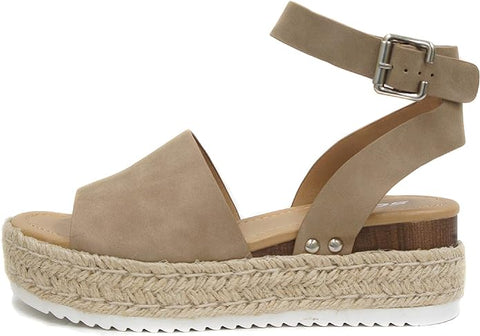 Soda Topic Dark Natural Espadrilles Ankle Strap Studded Open Toe Wedge Sandals