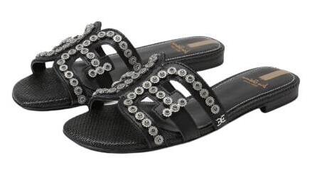 Sam Edelman Bay Fleur Black Slide Mule Open-Toe Slip-On Leather Flats Sandals