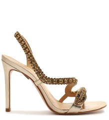 Schutz Court Gold Metallic Crystal Studs Pull On Open Toe Stiletto Heel Sandals