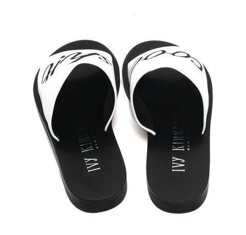 Ivy Kirzhner Quotes White & Black Cool Flat Open Toe Slide Mules Slip On Sandals