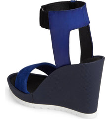 Shellys London Kayleigh Blue Multi Suede Ankle Strap Platform Retro Wedge Sandal