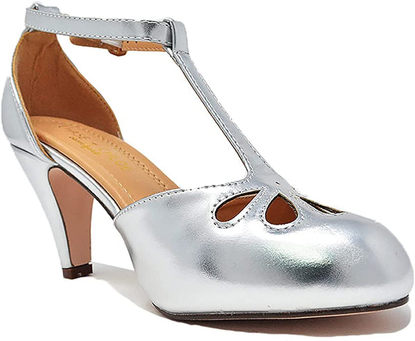 Chase & Chloe Kimmy-36 Teardrop T-Strap Mid Heel Pumps Silver