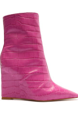 Schutz Asya Very Pink Croc-Embossed Side Zip Pointed Toe Wedge Heel Boots