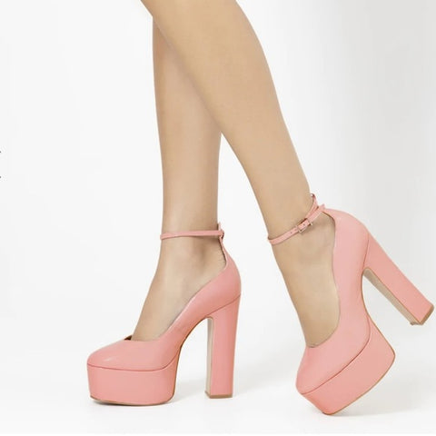 Schutz Renee Pink Faux Leather Square Toe Buckle Ankle Strap Block Heel Pumps