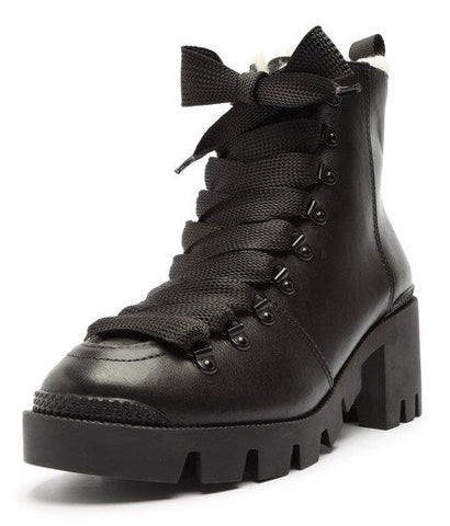 Schutz Xayane Winter Black Leather Lug Sole Combat  Lace Up Moto Ankle Boots