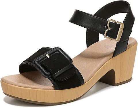 Dr. Scholl's Felicity Black Ankle Strap Block Heel Open Toe Leather Clog Sandals