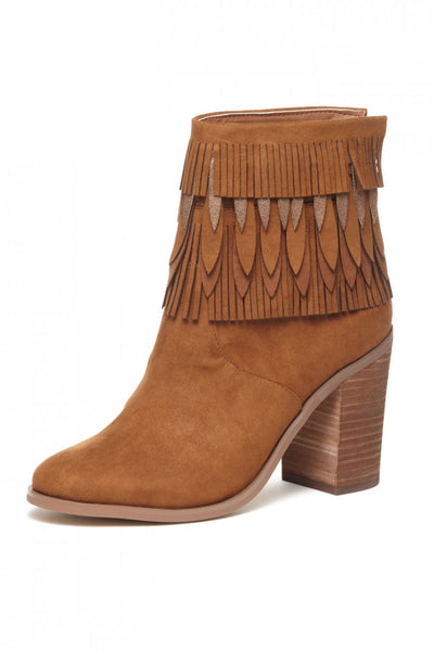 Yellow Box Sunny Chestnut Boho Chik Layered Fringe Stacked Heel Ankle Bootie